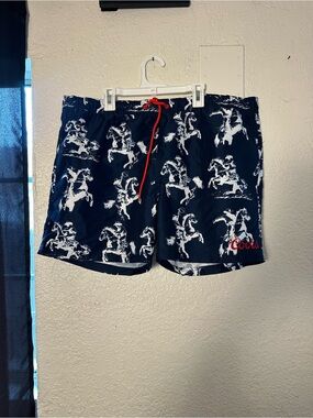 Coors Men’s Navy Horse-Print Swim Trunks with Red Drawstring